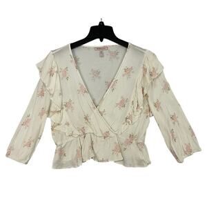 BCBGeneration Floral Faux Wrap Crop Top Womens Size XL Cream 3/4 Sleeve